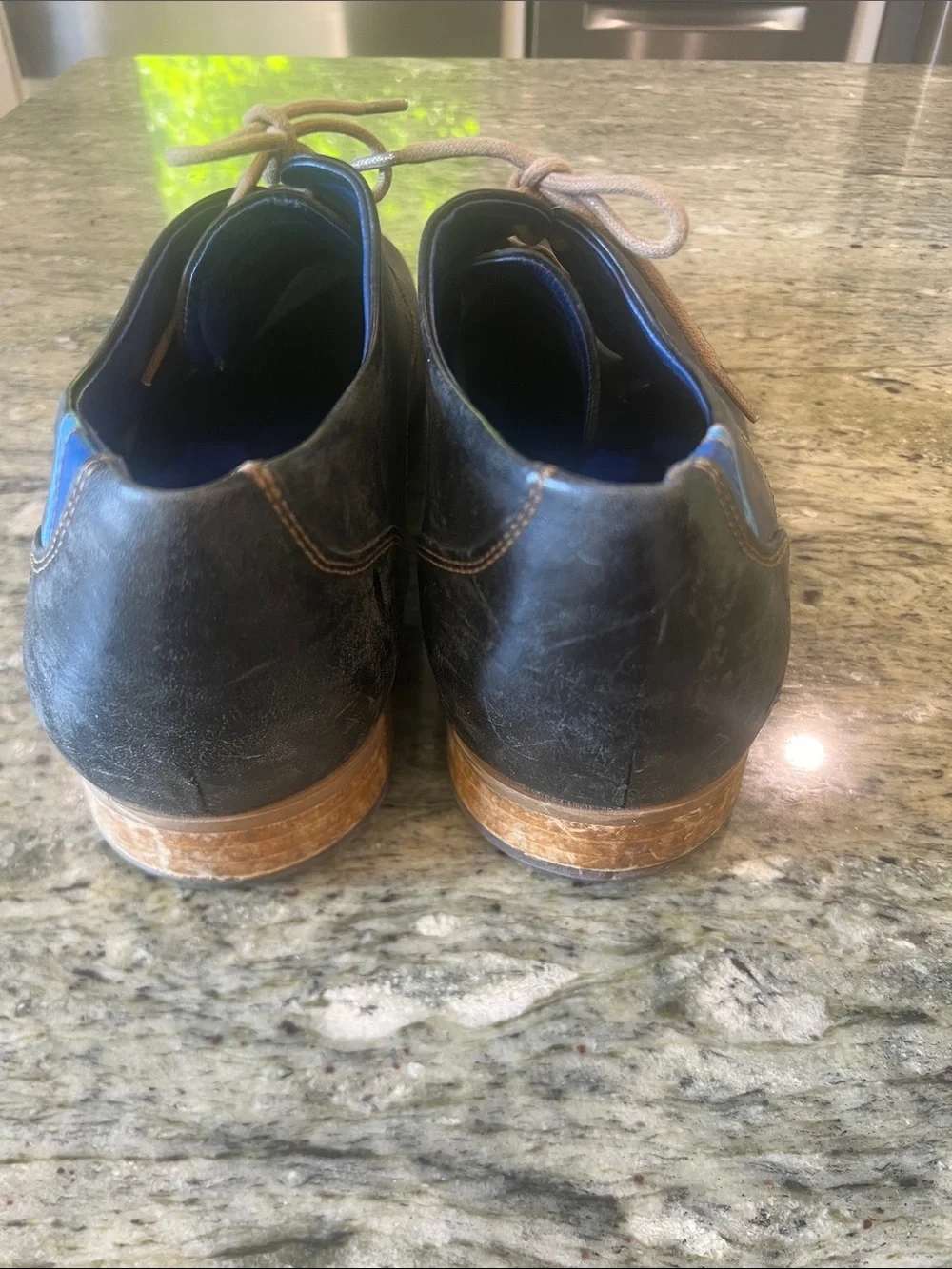 John Fluevog Radio CBC Men’s Classic Derby Shoes Black Blue Leather Size 12.5